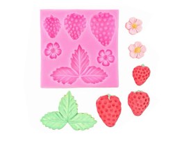 Molde silicona 3 frutillas flores y hojas